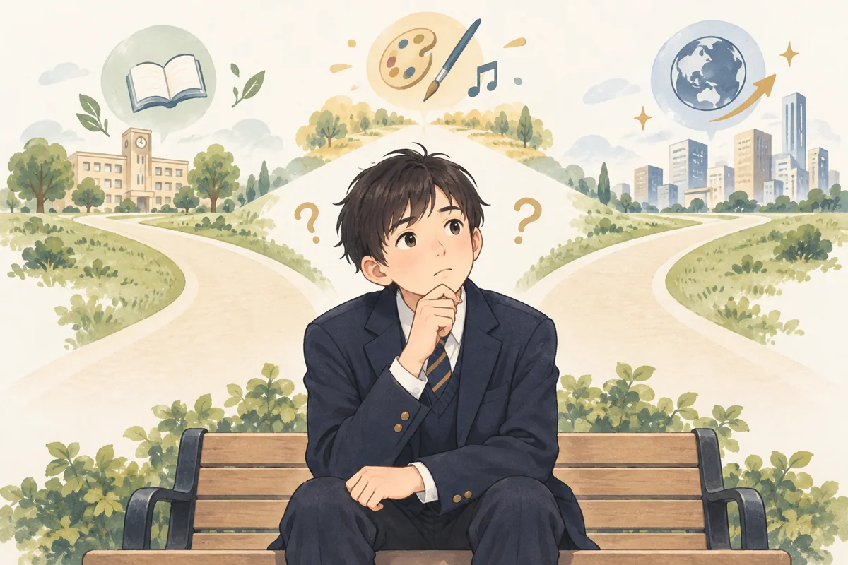 進路の分かれ道を前に、自分の将来を考えている中学生のイラスト