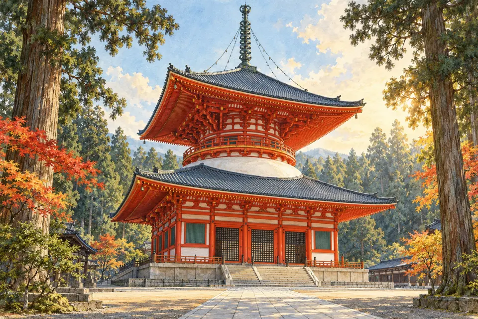 高野山の壇上伽藍・根本大塔を題材にしたイラスト