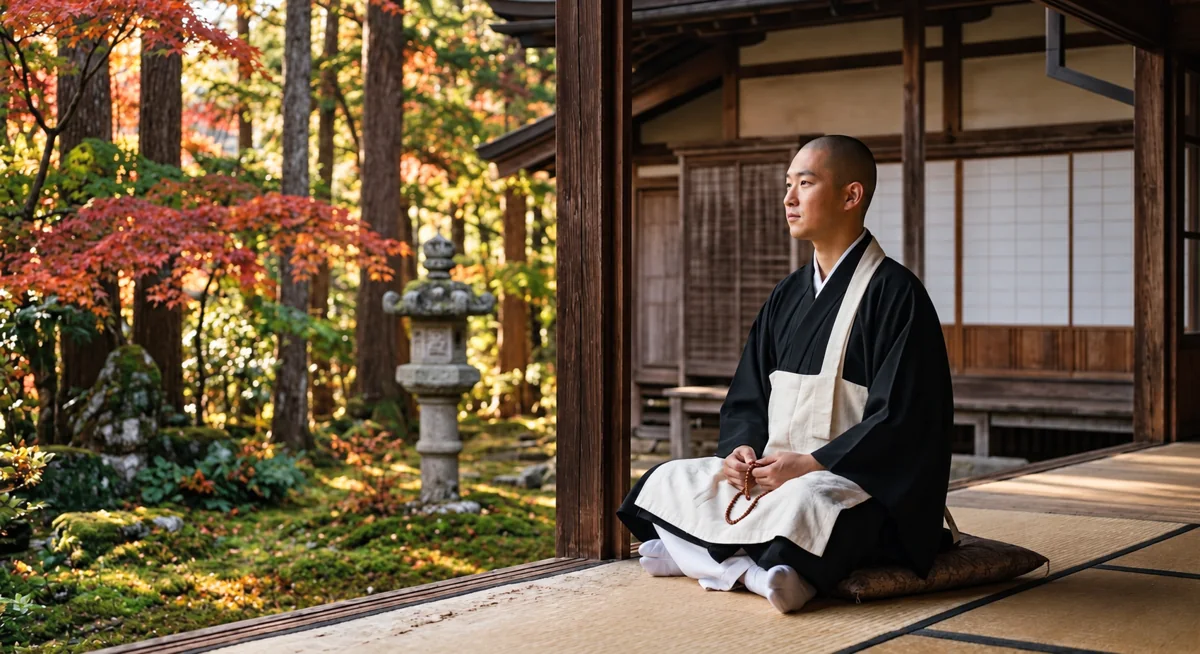 紅葉の庭に面した寺院の縁側で静かに座る僧侶のイメージ